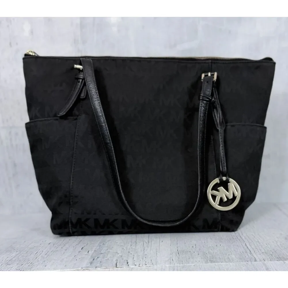 Michael Kors Jet Set Black Signature MK Tote Handbag Shoulder Purse Bag